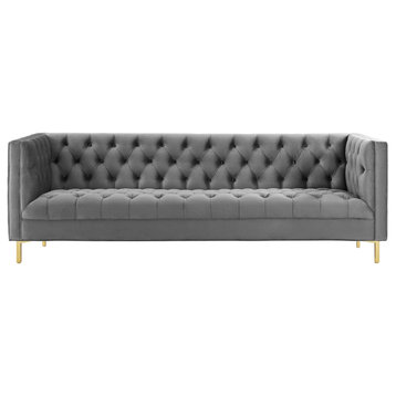 Modern Designer Lounge Lobby Sofa, Velvet Fabric Metal Steel, Grey Gray
