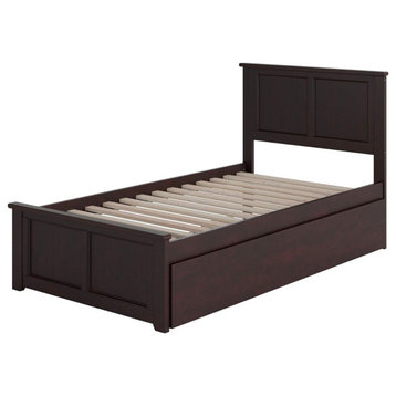 Twin Platform Bed With Trundle, Wood Frame With Double Panel Headboard, Espresso