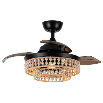 35.83 in Wood Beads Ceiling Fan with 3 Retractable Blades and Remote