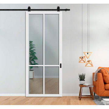 Loft Style Sliding Barn Door with Glass Panels + Hardware Carbon Steel, 30"x84"
