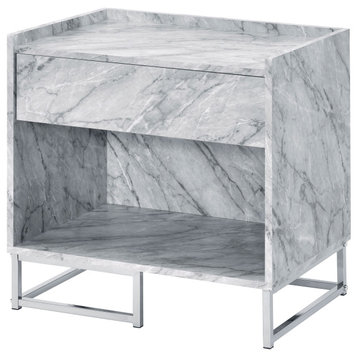Azrael Accent Table, White Printed Faux Marble and Chrome Finish
