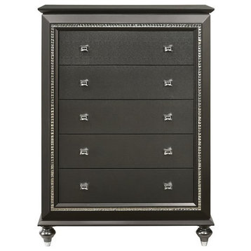 Bowery Hill Contemporary 5 Drawer Chest with Sparkling Trim in Metallic Gray