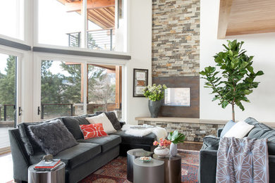 Mid-sized transitional formal and open concept dark wood floor and brown floor living room photo in Denver with white walls, no fireplace and no tv