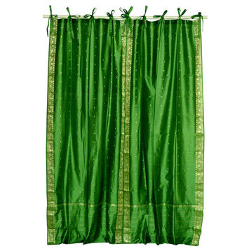 Forest Green  Tie Top  Sheer Sari Curtain / Drape / Panel   - 80W x 63L - Pair