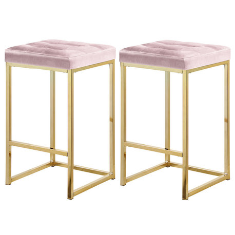 Nicola Counter Stool, Set of 2, Pink, Velvet, Gold Base