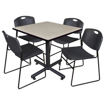 Kobe 36" Square Breakroom Table, Maple and 4 Zeng Stack Chairs, Black