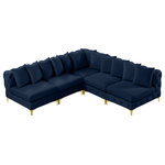 Meridian Furniture - Tremblay Modular Sectional, Navy, L-Shaped, 5-Piece: Armless (4), Corner (1) - Lean back and relax on this Tremblay sectional. Featuring soft navy velvet upholstery with deep button tufting, this sectional adds a bold touch to any living space. A complete set of gold and chrome legs are included, so you can change it up to suit your home decor. This sectional is modular, so you can create infinite configurations with it, which are easily attached using the latch underneath the frame. Its contemporary design is perfect for the modern home.