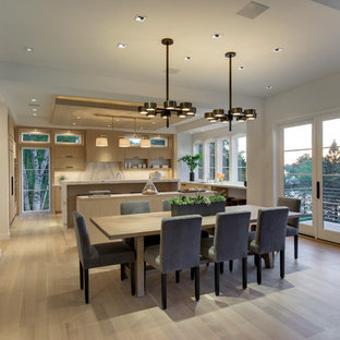 ミネアポリスの巨大なモダンスタイルのLDKの画像 (白い壁、淡色無垢フローリング)