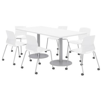 36 x 72" Table - 6 Lola White Caster Chairs - White Top - Silver Base