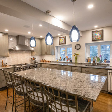 Transitional Gourmet Kitchen with Gray-Stained Cabinets | Large Island