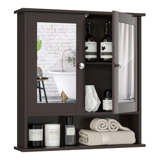 2-Door Bathroom Wall-Mounted Medicine Cabinet with Open Shelf and Towel Rack  - Costway