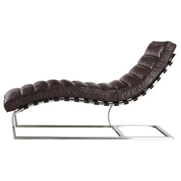 Plano Modern Channeled Leather Chaise Lounge Dark Brown Leather