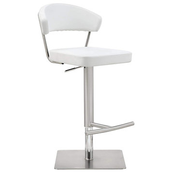 Modern Bar Stool, Square Stainless Steel Base With Faux Leather Seat, White