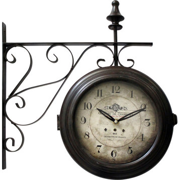 Double Sided Iron Wall Clock - Dark Brown Frame, White Face, Black Texts, Black