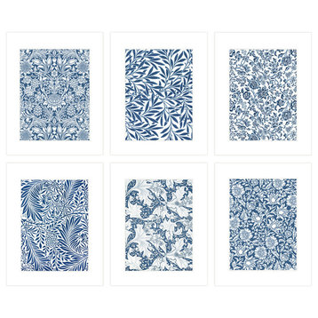 6-Piece William Morris Navy Blue Botanical Pattern Prints on Watercolor Paper