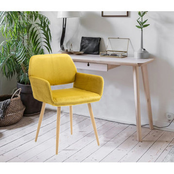 Velvet Upholstered Open Back Home Office Task Chair with Arms and No Wheels, Yellow