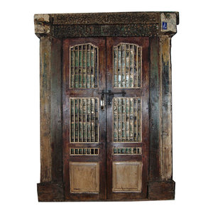 Mogulinterior - Consigned Antique Indian Hand-Carved Haveli Double Jali Door & Frame - Interior Doors