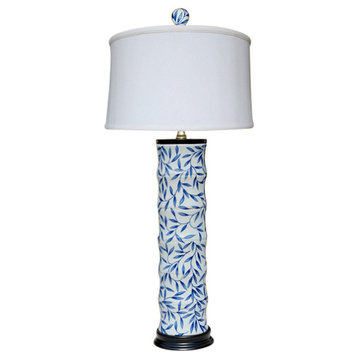 Blue and White Bamboo Floral Bamboo Style Porcelain Vase Table Lamp 28"
