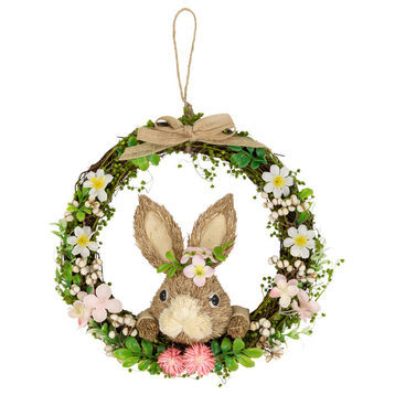 Spring Floral Easter Wreath With Peering Rabbit 11" Green and Pink