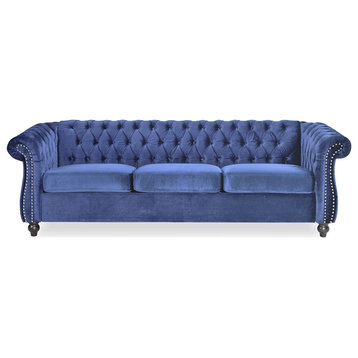 Chesterfield Sofa, Rolled Arms & Diamond Button Tufted Backrest, Midnight Blue