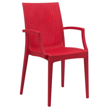 LeisureMod Modern Weave Mace Indoor Outdoor Dining Armchair in Red