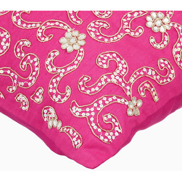 Sparkly Sequins 26"x26" Silk Fuchsia Pink Euro Pillow Shams, Spread The Love