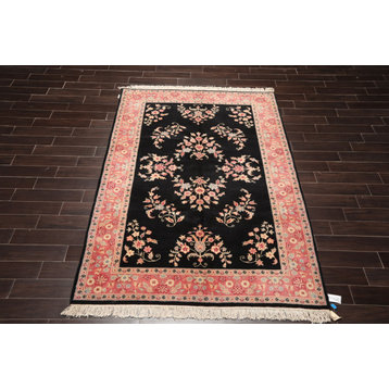 6'x9' Hand Knotted Wool Sarouk Oriental Area Rug Black, Pink