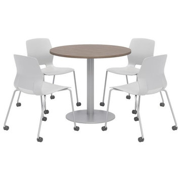 Olio Designs Teak Round 42in Lola Dining Set - Gray Caster Chairs