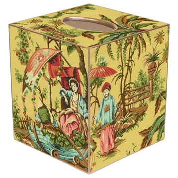 Yellow Chinoiserie Wood Wastepaper Basket, With Tissue Box Cover