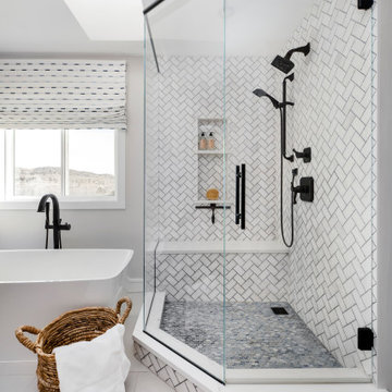 Corner Shower with Marble Herringbone Tile