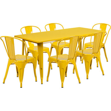 31.5"x63" Rectangular Yellow Metal 6-Piece Table Set Stack Chairs