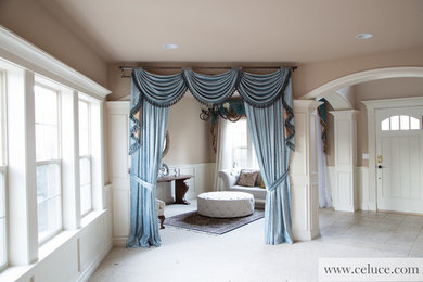 Blue Chenille valance curtains with swags and tails by celuce.com