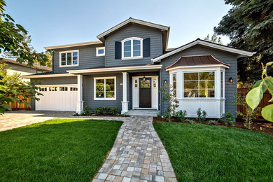 Example of a large classic blue two-story wood gable roof design in San Francisco