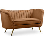 Meridian Furniture - Margo Velvet Upholstered Set, Saddle, Loveseat - Lean back and lounge in luxurious style on this stunning Margo saddle velvet loveseat by Meridian Furniture. This contemporary loveseat features plush velvet upholstery that is both classy and sumptuous against your skin, a single seat cushion and rounded arms that curve into a low, rounded back, creating a perfect, modern piece for your home. Gold stainless steel legs support this sofa and provide stunning contrast to the loveseat's plush, saddle fabric.