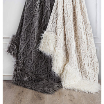 Nordic Cable Knit and Mongolian Fur Throw Blanket, 50"x80", Gray, 1 Piece