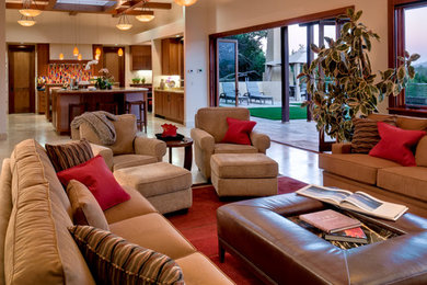 Example of a large trendy formal and open concept porcelain tile living room design in San Francisco with white walls, no fireplace and no tv