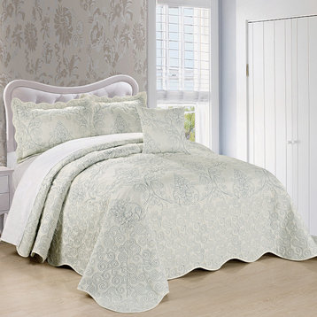 Damask Embroidered Quilted 4 Piece Bed Spread Sets, Antique White, King
