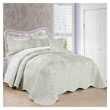 Damask Embroidered Quilted 4 Piece Bed Spread Sets, Antique White, King