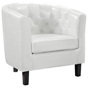 Contemporary Accent Chair, Barrel Shaped Seat With White Faux Leather Upholstery