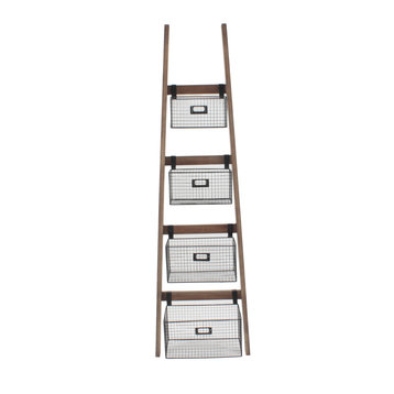 Wall Ladder Shelf & Bookcase With Wire Storage Baskets
