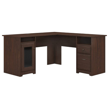 Corner Desk, Large File Drawer and Cabinet With Fluted Glass Door, Walnut