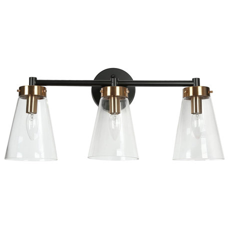 LNC Dinoe Matte Black and Polished Gold Bathroom Vanity Light, 3 Lights