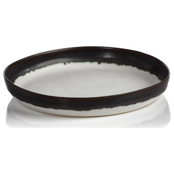 Tasso Small White Shallow Bowls with Black Rim, Set of 2
