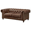 Century Top Grain Leather Chesterfield Love Seat, Bark Brown Leather