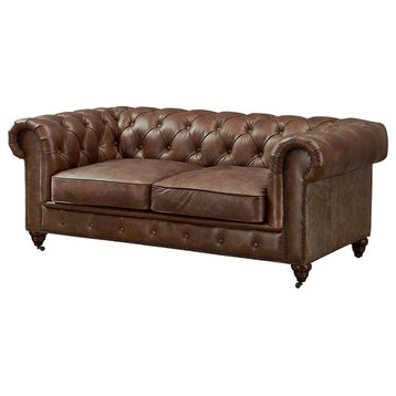 Century Top Grain Leather Chesterfield Love Seat, Bark Brown Leather