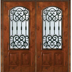Prehung Double Door 80 Wood Alder Barcelona Arch Lite Wrought Iron - Front Doors