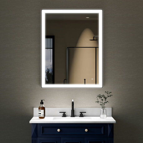 Framed LED Lighted Bathroom Vanity Mirror With Defogger, Matte Black, 28"x36"