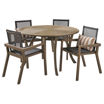 GDF Studio Spencer Outdoor Round Acacia Wood Dining Set With Mesh Seats, Gray Fi
