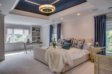 Example of a large minimalist master light wood floor bedroom design in New York with white walls and no fireplace