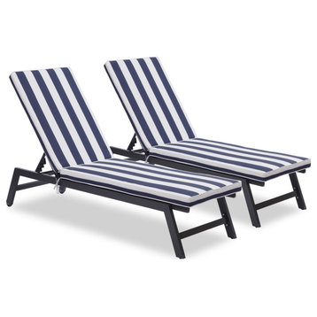 Outdoor Chaise Lounge Chair Set With Cushions, Set of 2, Blue White